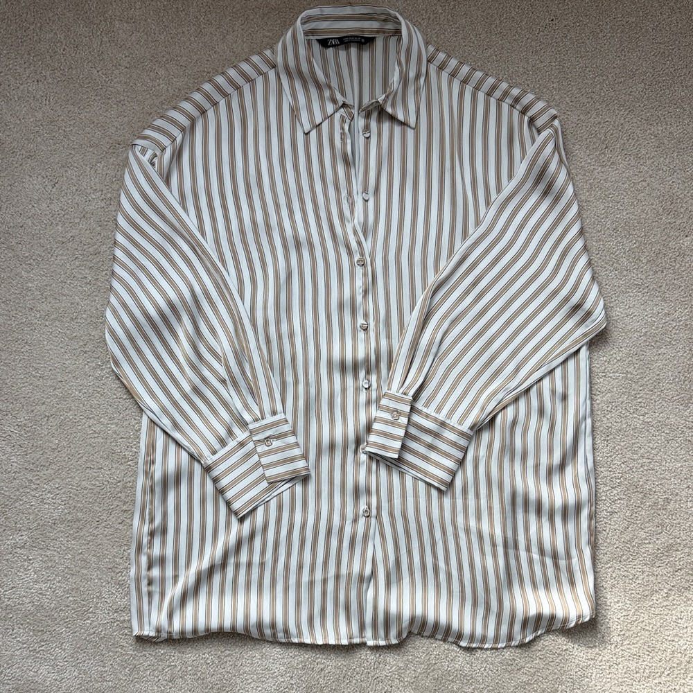 Zara Women's Beige and White Striped Button Down Shirt